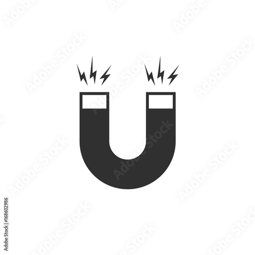 Magnet icon vector, flat cartoon black and white magnet with magnetic power isolated on white background