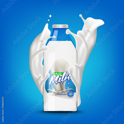 Milk bottle in splashing milk 3d vector icon illustration