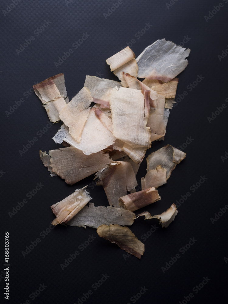 Bonito flakes made from dried, smoked and thinly shaved skipjack tuna