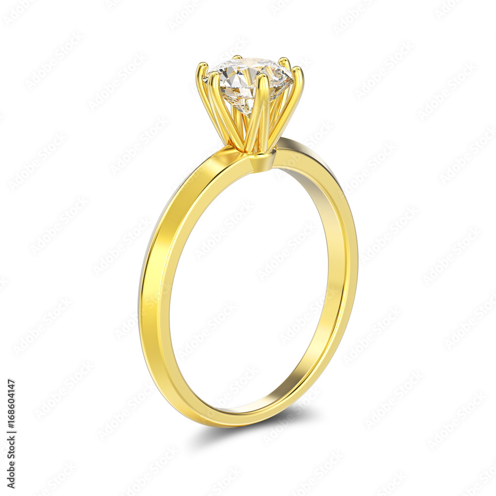 3D illustration isolated yellow gold traditional solitaire engagement diamond ring with shadow