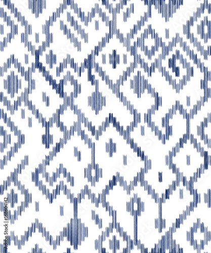 Ethnic abstract geometric ikat worn out pattern in blue and white, vector