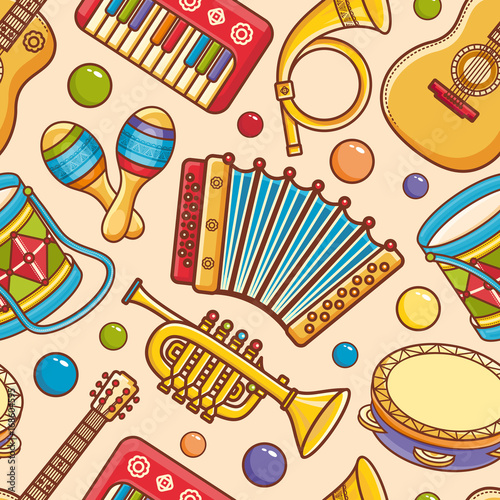Musical instrument seamless pattern. Cartoon style