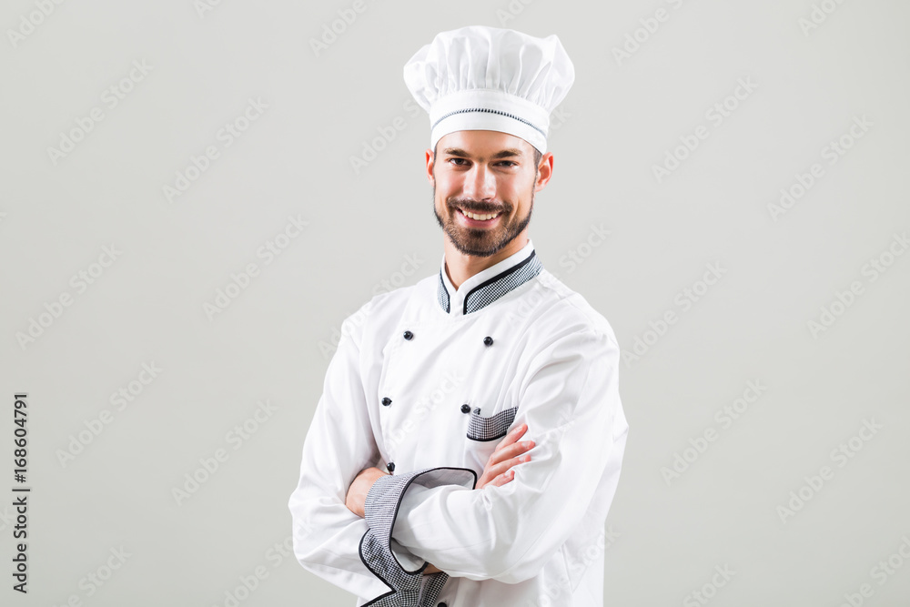 Portrait of chef on gray background. Portrait of chef on gray background.