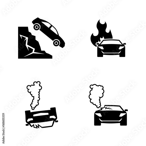 Road accident. Simple Related Vector Icons Set for Video, Mobile Apps, Web Sites, Print Projects and Your Design. Black Flat Illustration on White Background.