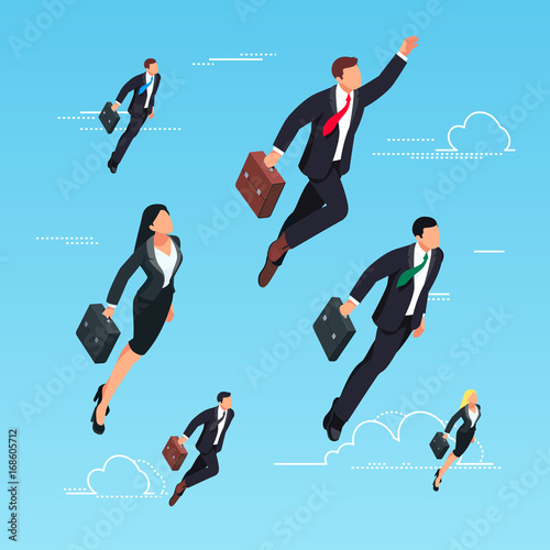 Isometric concept of start-up. 3d businessmen flying in the sky as a superhero.