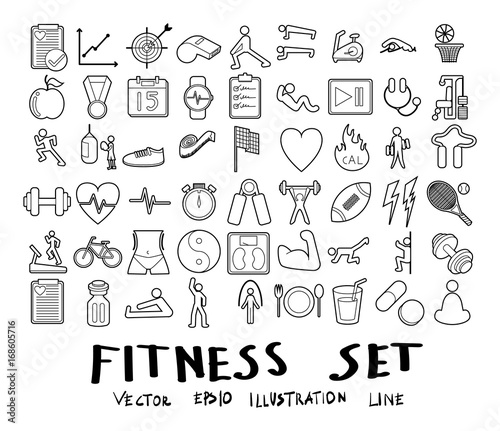 Vector illustration set of fitness line icons with white background eps10
