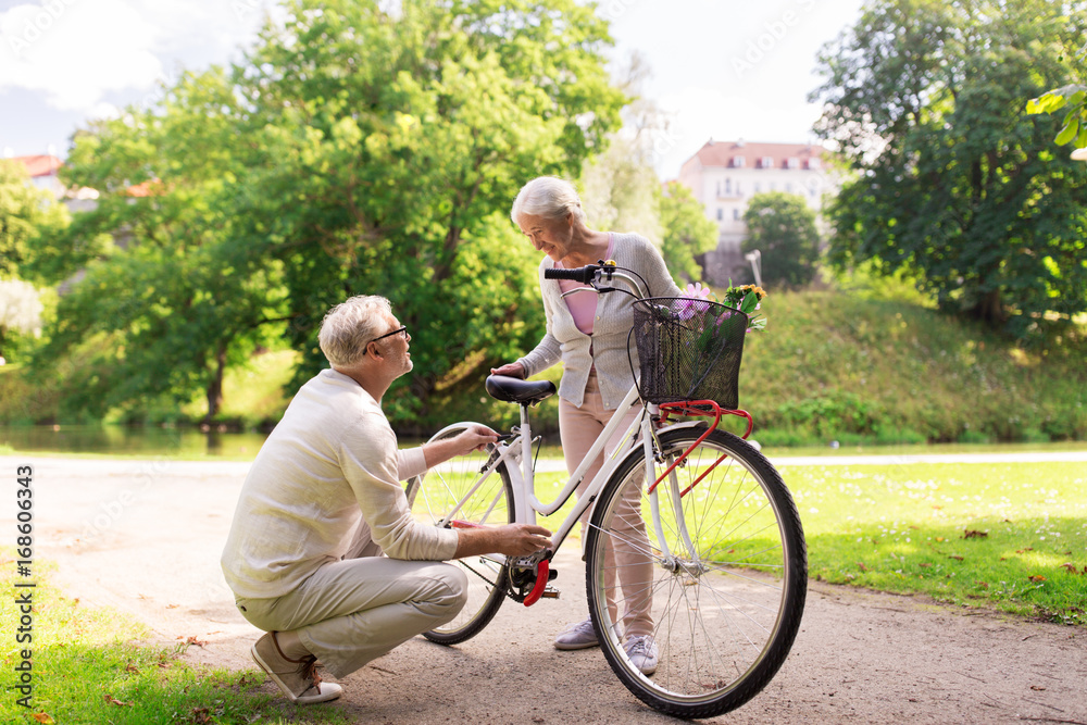 happy senior couple with bicycle at summer park happy senior couple with bicycle at summer park