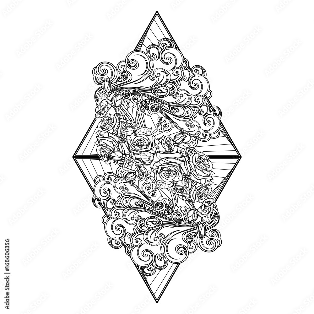 Element Air. Decorative vignette with curly clouds and rose flower garland  on triangles. Black linear hand drawing isolated on white. Concept design  for the tattoo, colouring book or postcard. Stock Vector |