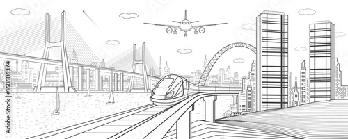 Infrastructure and transport illustration. Train move on railway. Airplane fly. Big cable-stayed bridge. Modern night city, towers and skyscrapers. Black lines on white background. Vector design art © panimoni