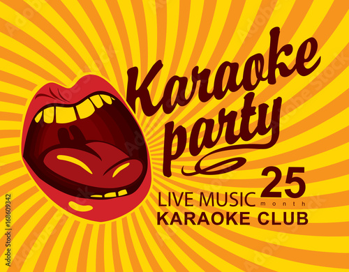 Vector banner for club live music with mouth singing karaoke and calligraphic inscription Karaoke party on yellow abstract background