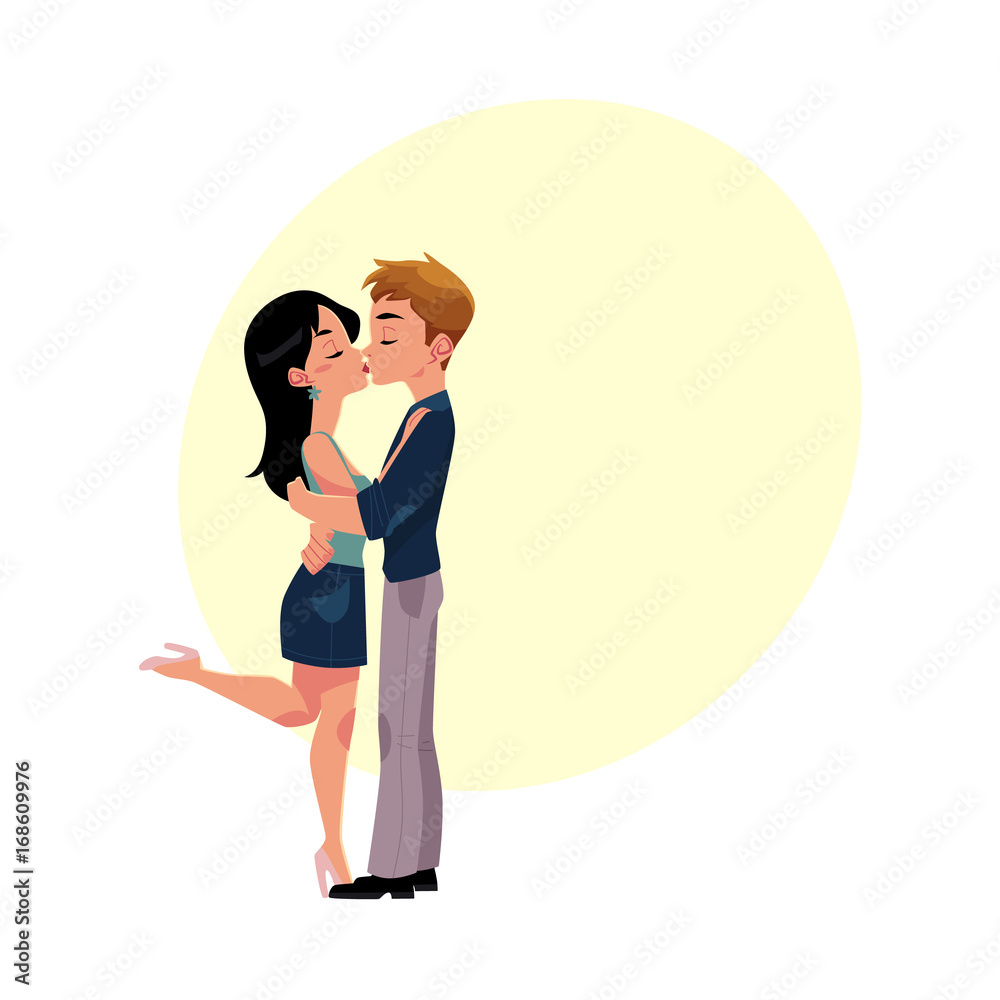 Young couple kissing romantically, hugging each other, cartoon vector  illustration with space for text. Full length, side view portrait of cartoon  style kissing, hugging couple, French kiss Stock Vector | Adobe Stock