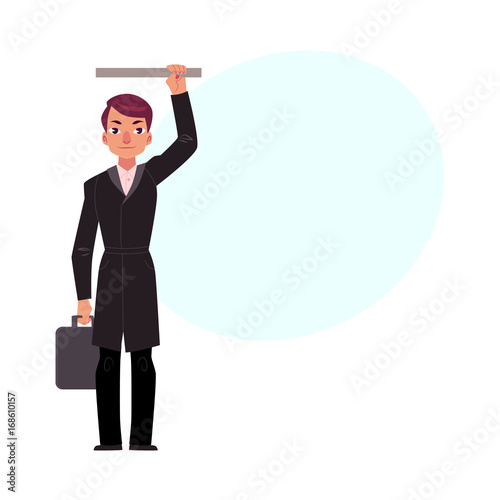 Businessman holding briefcase in subway, standing and holding handrail, cartoon vector illustration with space for text. Full length portrait of businessman, business man in subway, bus