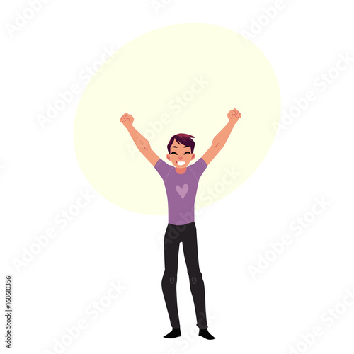 Young man, boy, guy, rejoicing, cheering, jumping in happiness and excitement, cartoon vector illustration with bubble speech. Full length portrait of happy rejoicing young man
