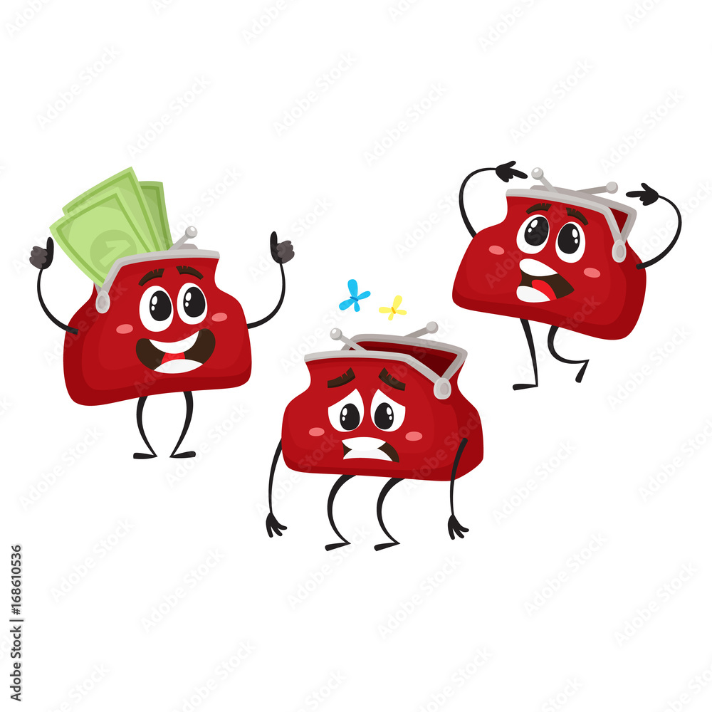Vector money wallet characters set flat illustration isolated on a white background. Expressive puzzled, empty and happy full of money smiling wallets. Money, success wealth, poverty richness concept