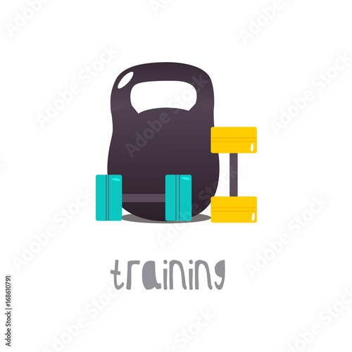 Vector dumbbel and weight set. Flat, cartoon illustration on a white background. Sport gym, power lifting, equipment. Athletic activity tools, active lifestyle symbol
