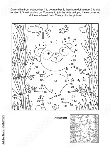Panda bear in bamboo forest connect the dots picture puzzle and coloring page. Answer included.
