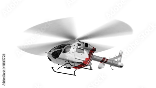 White civilian helicopter in flight isolated on white background photo