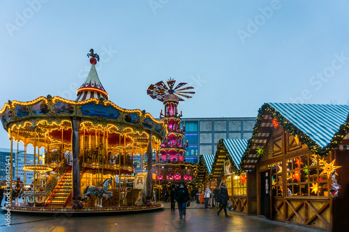 BERLIN, GERMANY - DECEMBER 23, 2016: Beautiful decorated booths and christmas lights at Gendarmenmarkt Christmas Market.