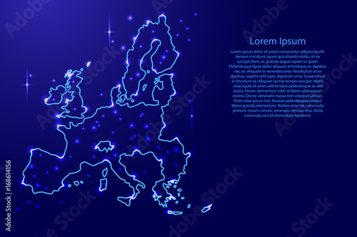 Map European Union from the contours network blue, luminous space stars of vector illustration