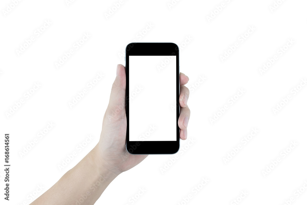 Hand is holding black smartphone, isolated on white background. Clipping path embedded.