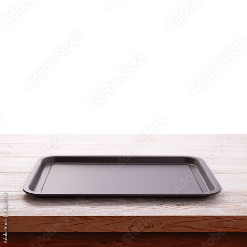 Empty baking tray for pizza on wooden table isolated close up top view square. Mock up for design