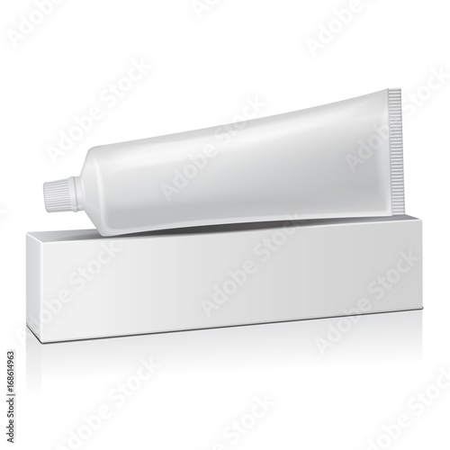 Vector plastic tube with white box for medicine or cosmetics - toothpaste, cream, gel, skin care. Packaging mockup template