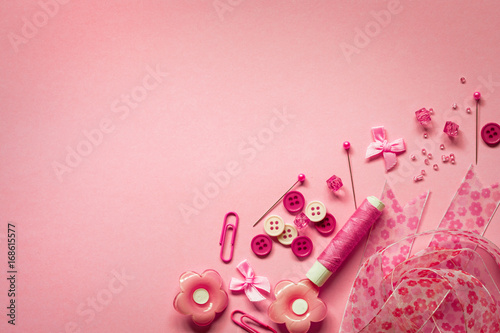 The Sewing tool or craft tool on pink background , top view or overhead shot with copy space © Cozine