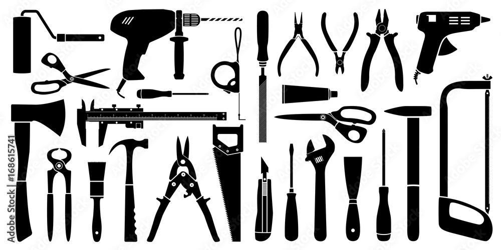 Vector silhouette working tools collection for construction and repair