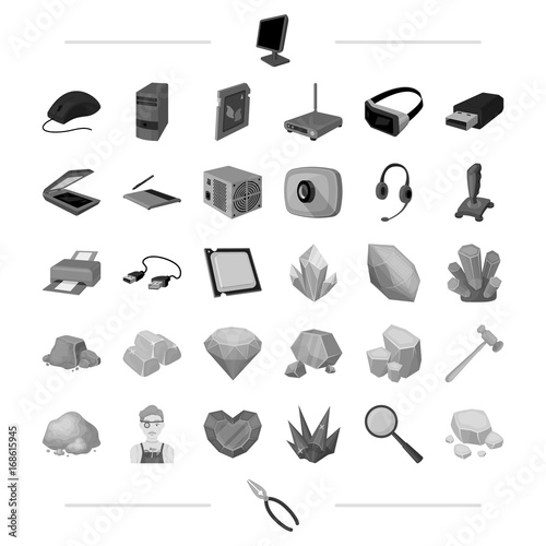 Computer hardware and other web icon in monochrome style. Precious, stone, processing icons in set collection.