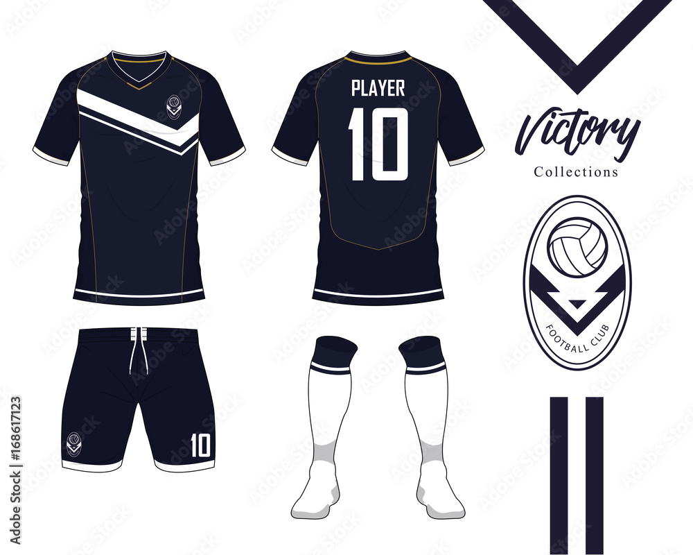 Soccer jersey or football kit collection in Victory concept. Football shirt  mock up. Front and back view soccer uniform. Football logo in flat design.  Vector Illustration. Stock Vector | Adobe Stock