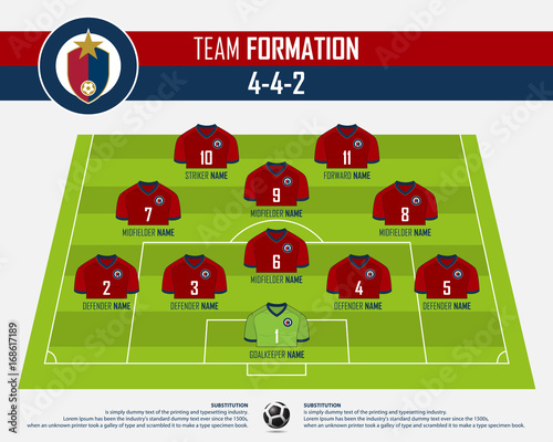 Football or soccer match formation infographic. Soccer jersey and football player position on football pitch. Football logo in flat design. Vector Illustration.