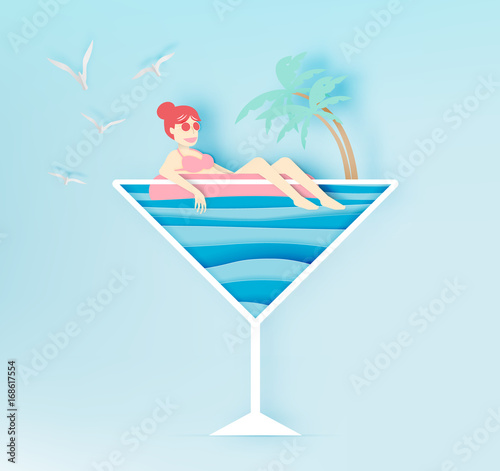 Girl floating on the beach with beautiful sea background paper cut style