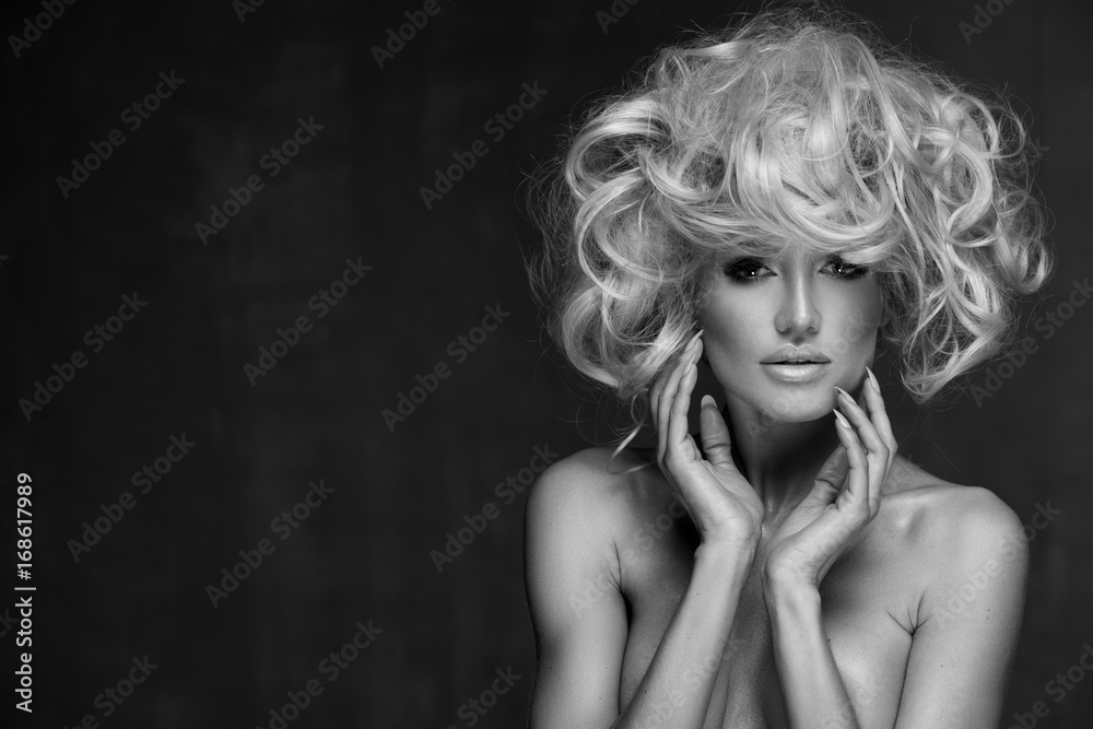 Sexy woman with amazing blond hair. Black and white