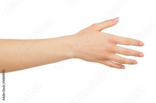 Female hand with greeting gesture, crop, cutout