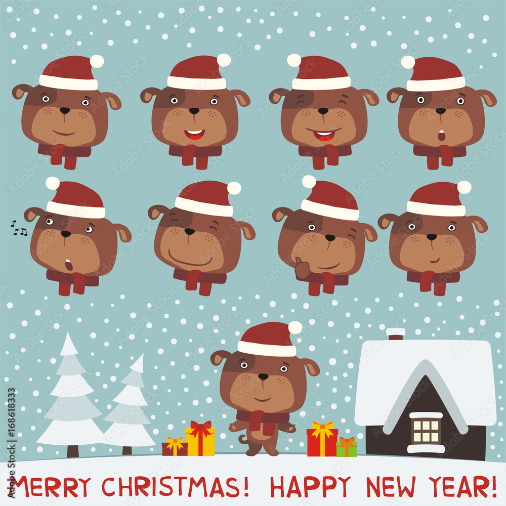 Merry christmas and Happy new year! Set face puppy dog for christmas and new year design. Collection isolated heads of puppy dog in cartoon style.
