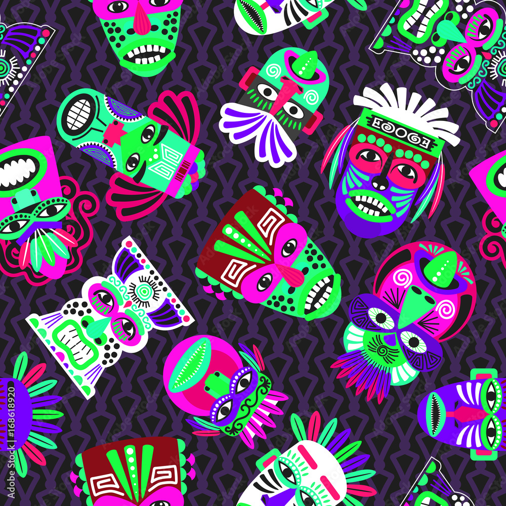 Fototapeta premium Pink and green masks on dark, seamless pattern