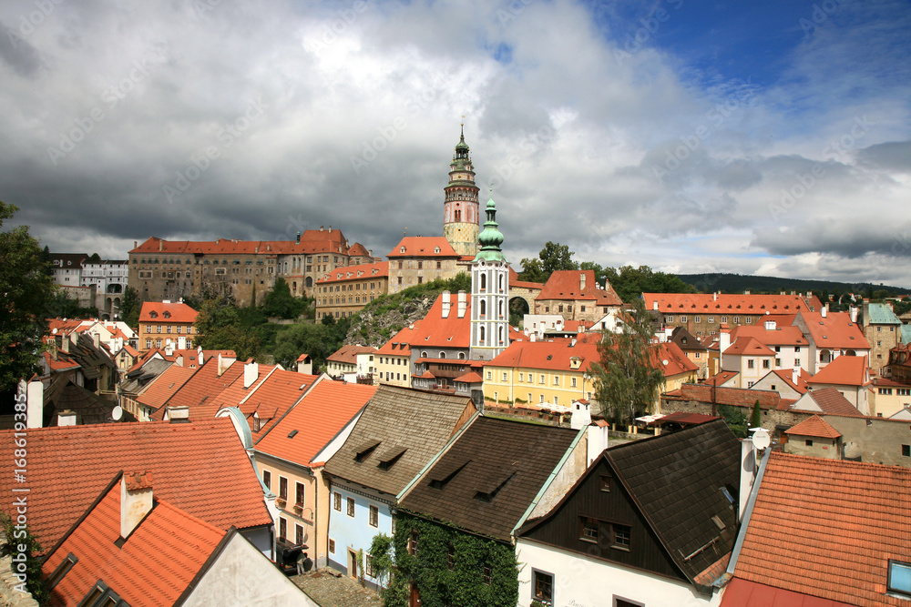 Cesky Krumlov, , Czech Republic, Czechia - 21 August, 2016:  panorama of the Old Town in Cesky Krumlov with colorful houses, Czechia, Heritage Unesco.