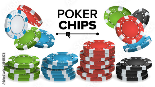 Casino Chips Stacks Vector. 3D Realistic. Colored Poker Game Chips Sign Illustration.