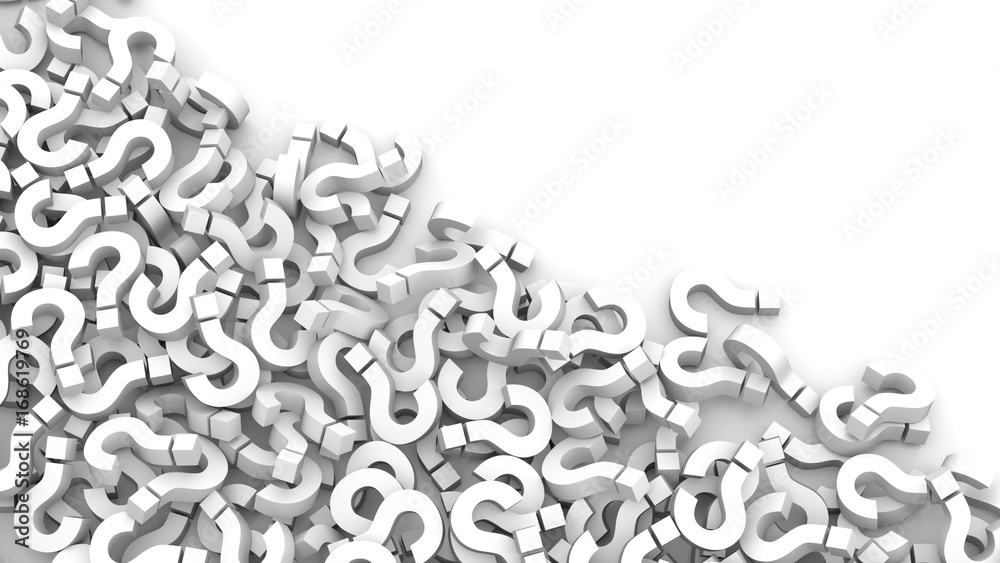 White question marks background. 3D Rendering.