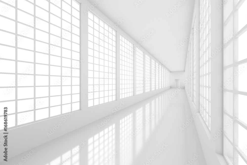 Fototapeta premium Futuristic empty white corridor with bright lights from windows and glossy floor. 3D Rendering.