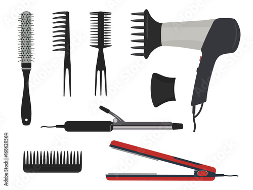 Hair dryer, a curling iron and different types of hair brushes on a white background. Vector illustration.