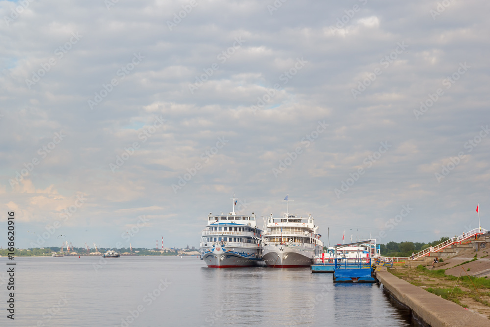 Two passenger motor ships parked at the pier in Nizhny Novgorod