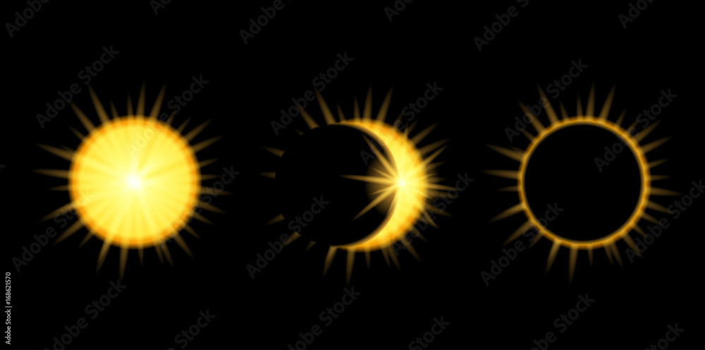 Fototapeta premium Solar Eclipse phases in dark sky. Vector illustration