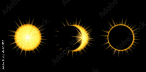 Solar Eclipse phases in dark sky. Vector illustration