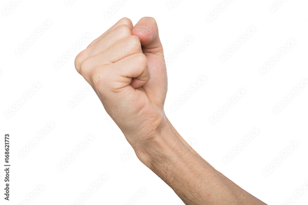 Hand gesture, man clenched fist, ready to punch isolated on white