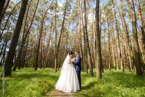 Bride and groom walking in park, outdoor. a romantic moment  in a Wedding day