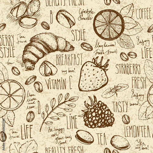 Sketched breakfast seamless background with croissant, lemon and berries. Drawned on old brown paper