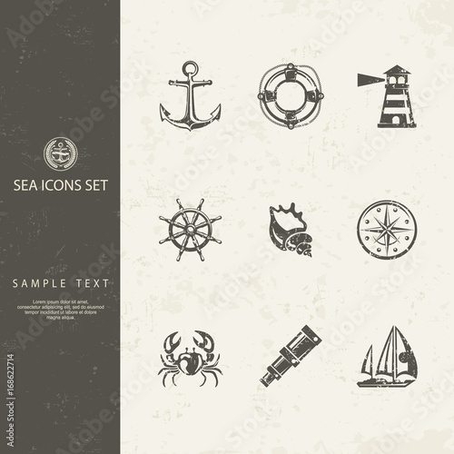 Nautical objects and icons for marine labels logos, Vector