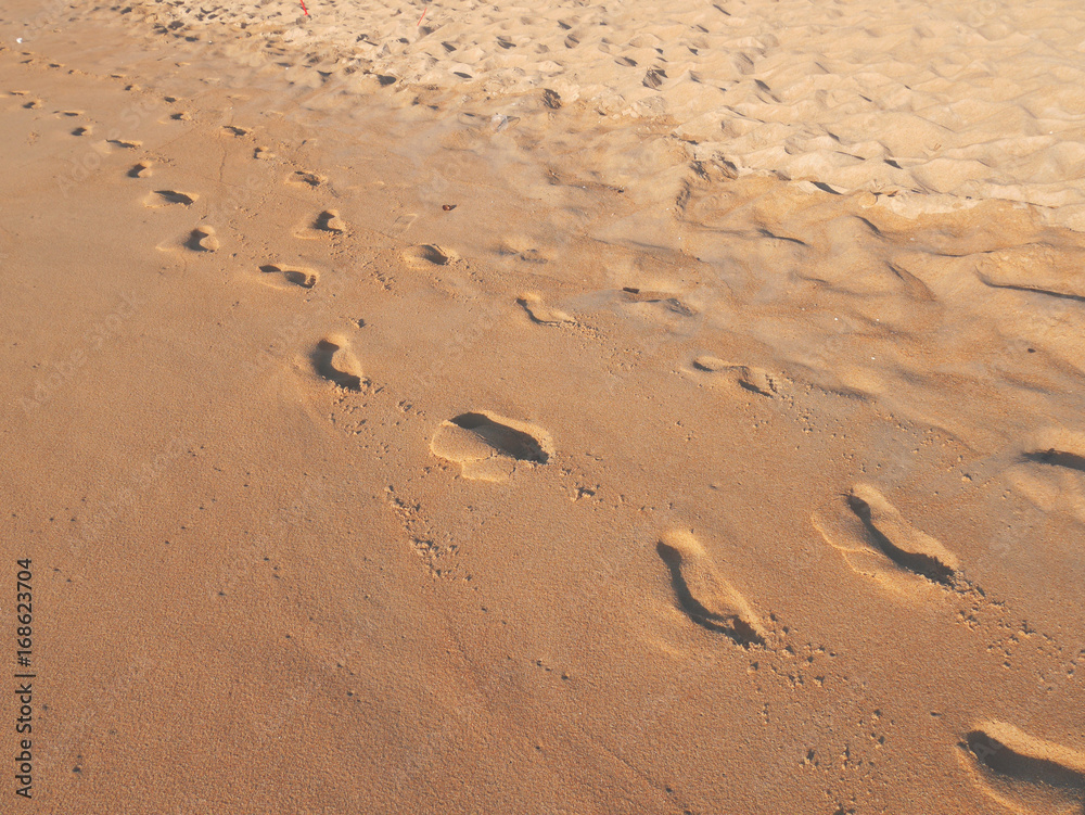 One pair of footprints on wet sand beach, walking toward viewer One pair of footprints on wet sand beach, walking toward viewer