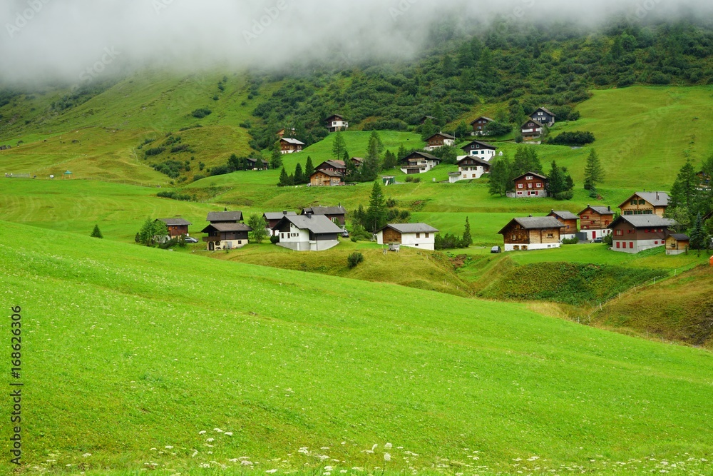 Obraz premium View of Malbun, a ski resort village in the Alps mountains in Liechtenstein near the border with Austria